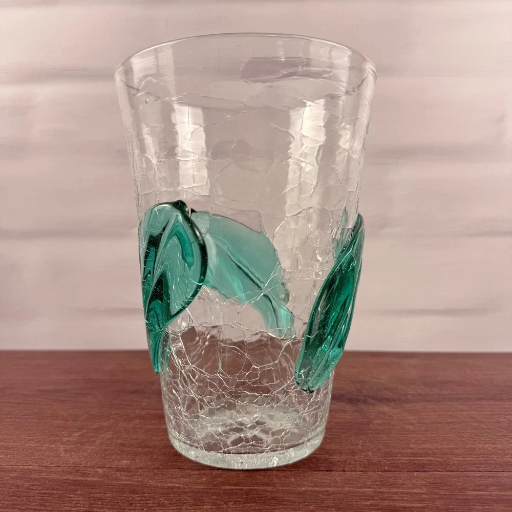 Blenko 366SL Leaf Beaker Vase Sea Green Crackle Glass Mid Century